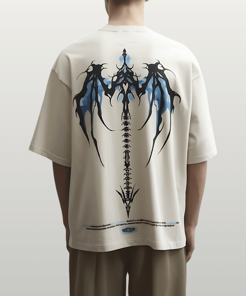 A person with a shaved head stands against a plain background, wearing a Solo Leveling Kaisel Dragon T-Shirt - Beige and a stylized wing and spine design on the back, paired with khaki pants.