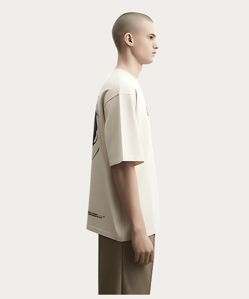 A person with a shaved head stands against a plain background, wearing a Solo Leveling Kaisel Dragon T-Shirt - Beige and a stylized wing and spine design on the back, paired with khaki pants.