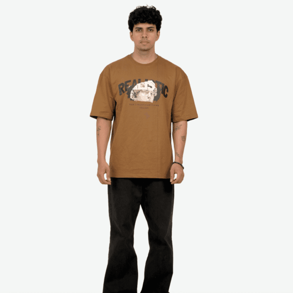 Model wearing the Yeefoo Realistic Statue Tee, a mocha brown Artistic Graphic T-Shirt.