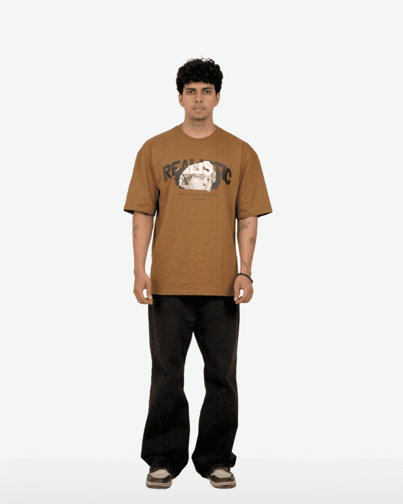 Model wearing the Yeefoo Realistic Statue Tee, a mocha brown Artistic Graphic T-Shirt.