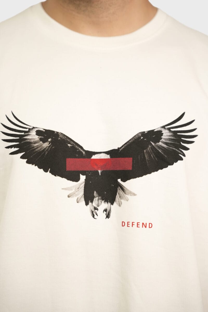 close shot of detailed print of yeefoo defend eagle t-shirt