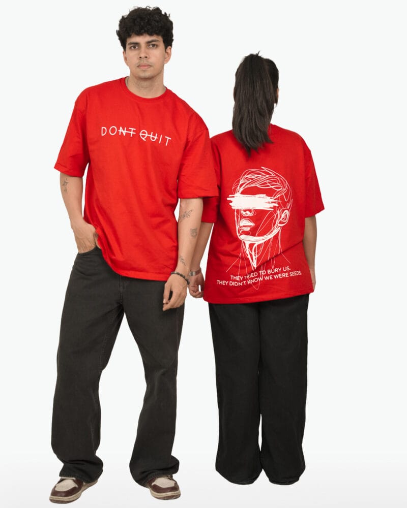 Two models showcasing the unisex fit of the Yeefoo Don't Quit tee, with front and back designs visible.