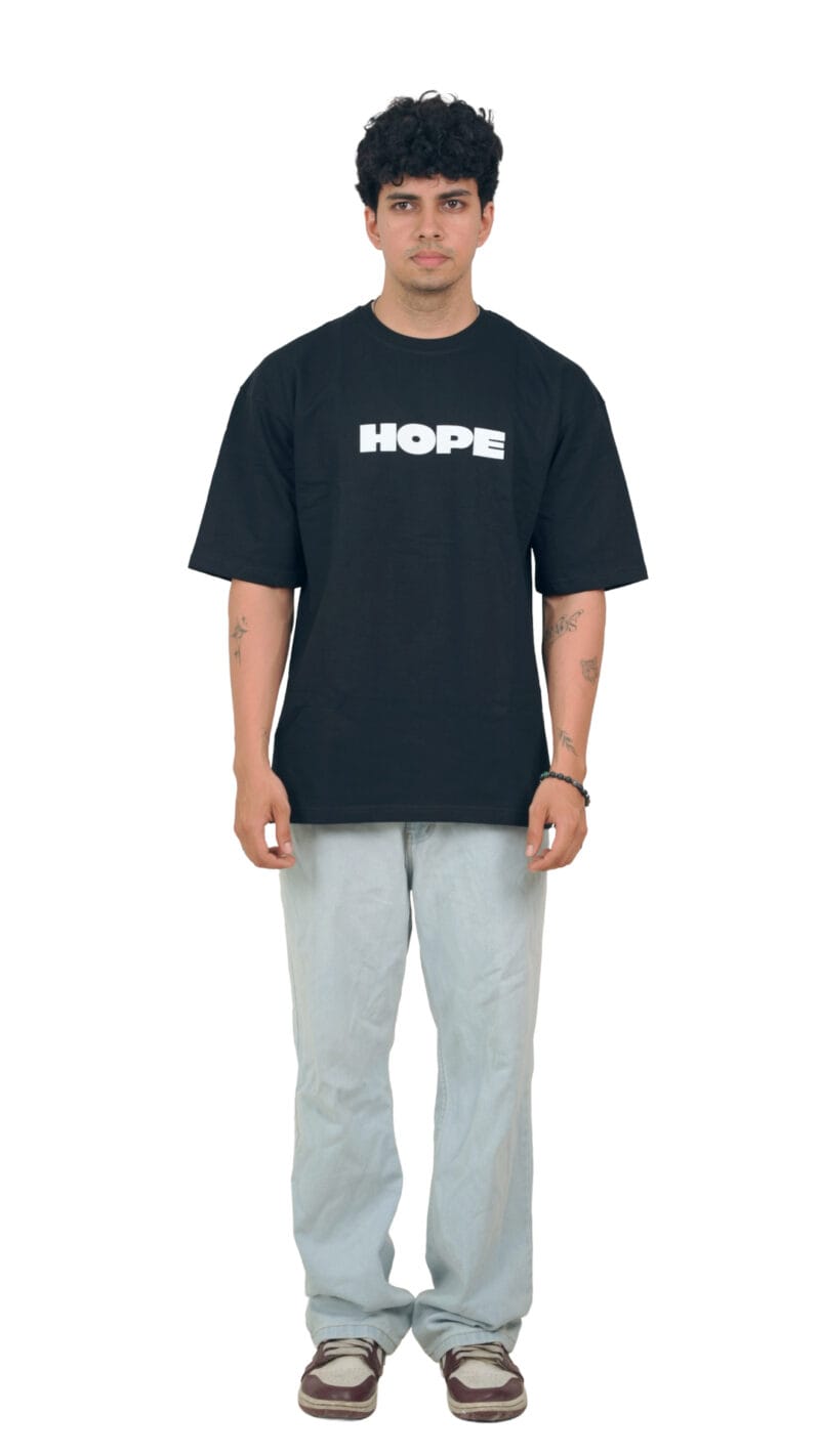 Model wearing the Yeefoo Future Hope Tee, a black Futuristic Graphic T-Shirt.