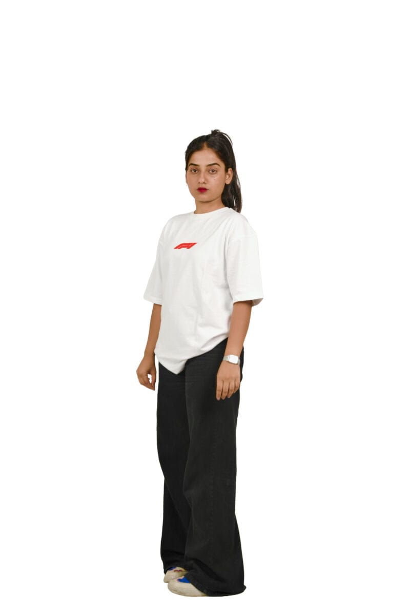 Female model showing the unisex fit of the white Vintage Racing T-Shirt.