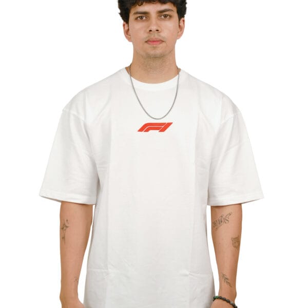 Model wearing the Yeefoo Legacy Racing Tee, a white Vintage Racing T-Shirt with an F1 inspired logo.
