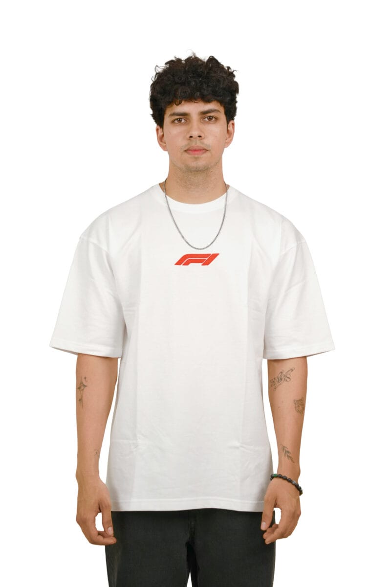 Model wearing the Yeefoo Legacy Racing Tee, a white Vintage Racing T-Shirt with an F1 inspired logo.