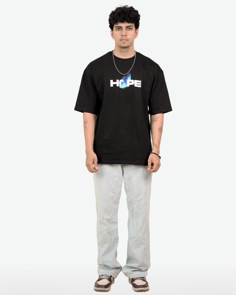 front detail of the butterfly print on the Motivational Graphic T-Shirt