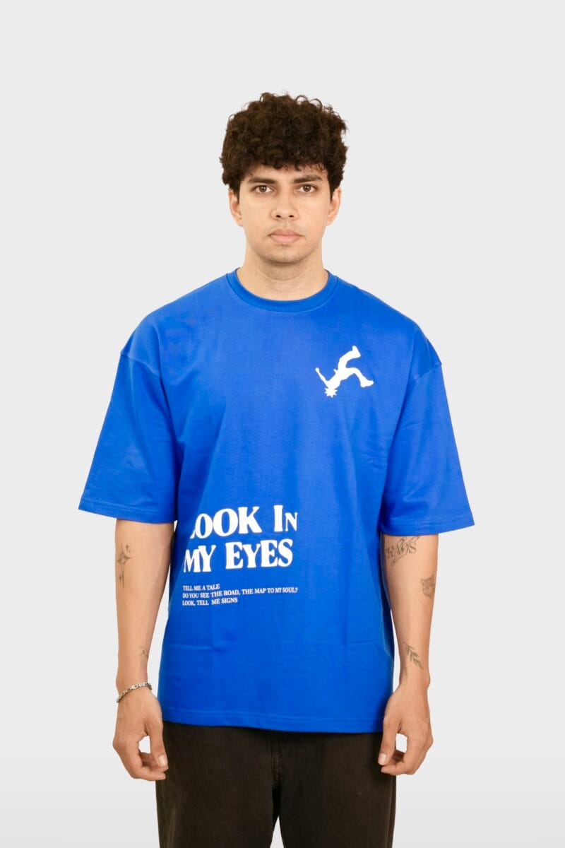 Model wearing the Yeefoo Look In My Eyes Tee, a royal blue Typographic T-Shirt.